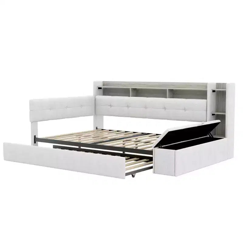 Divano Letto in Tessuto Beige/Grigio con Letto Estraibile, Contenitore e Mensole – Posti 2