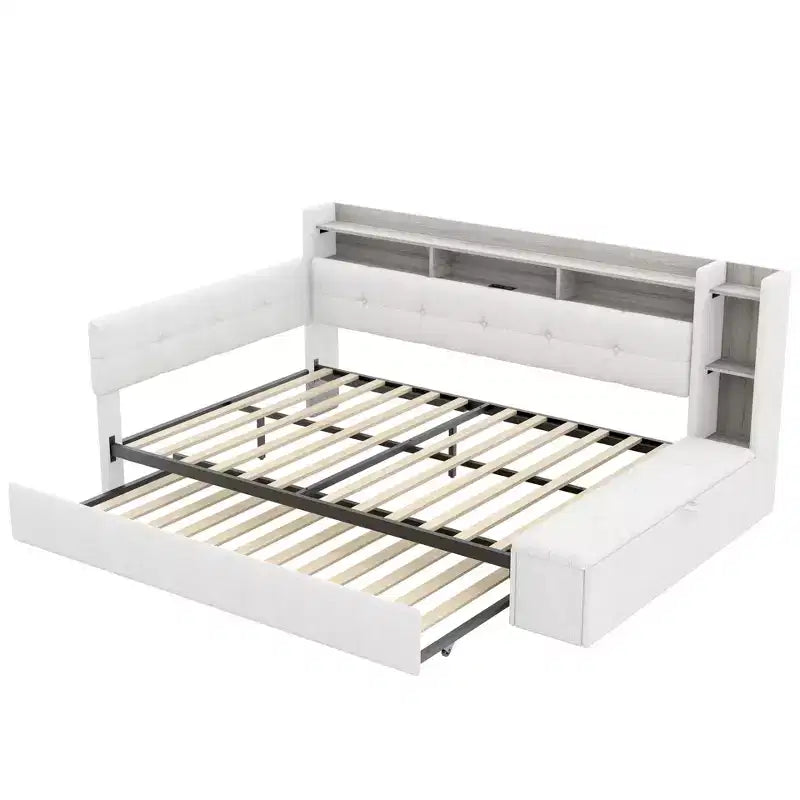 Divano Letto in Tessuto Beige/Grigio con Letto Estraibile, Contenitore e Mensole – Posti 2