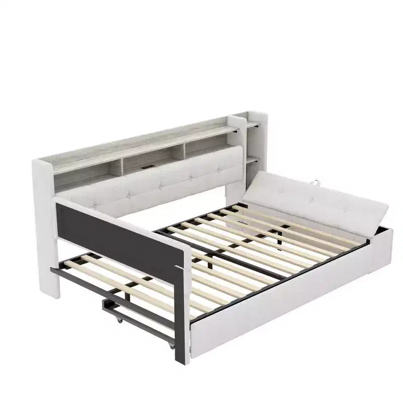 Divano Letto in Tessuto Beige/Grigio con Letto Estraibile, Contenitore e Mensole – Posti 2