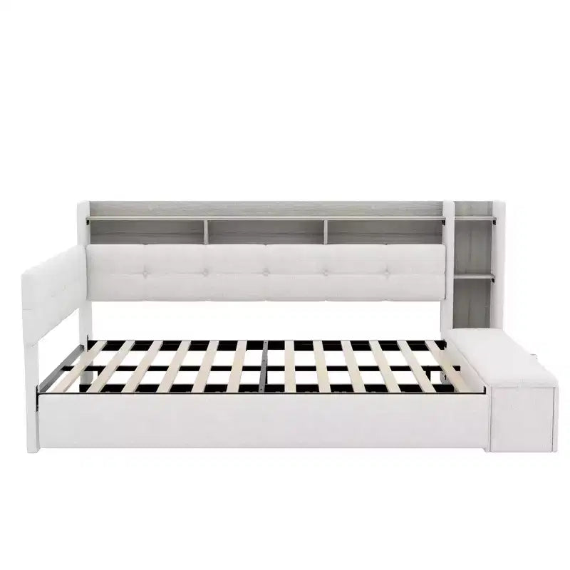 Divano Letto in Tessuto Beige/Grigio con Letto Estraibile, Contenitore e Mensole – Posti 2