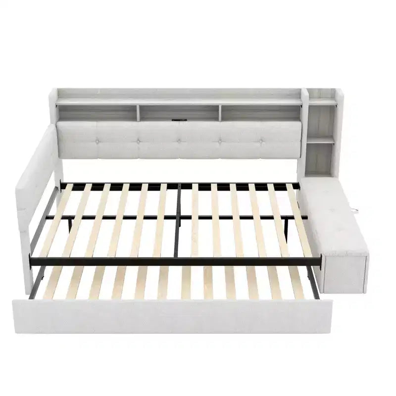 Divano Letto in Tessuto Beige/Grigio con Letto Estraibile, Contenitore e Mensole – Posti 2