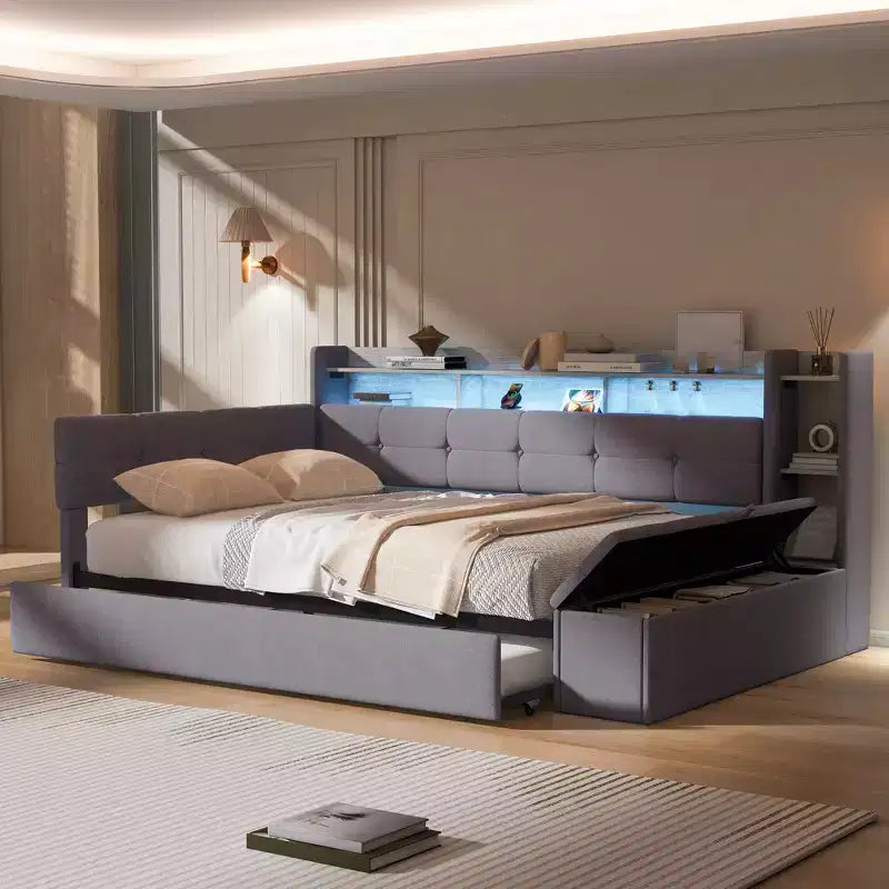 Divano Letto in Tessuto Beige/Grigio con Letto Estraibile, Contenitore e Mensole – Posti 2