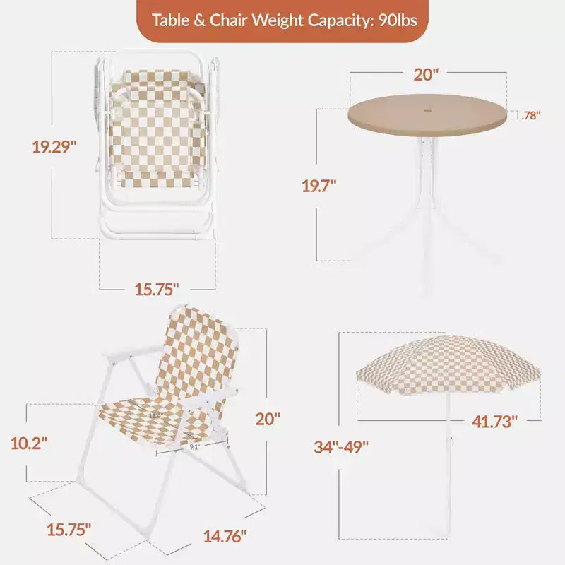 Tavolo Rotondo Pieghevole per Bambini a Quadri Beige e Set 2 Sedie con Ombrellone