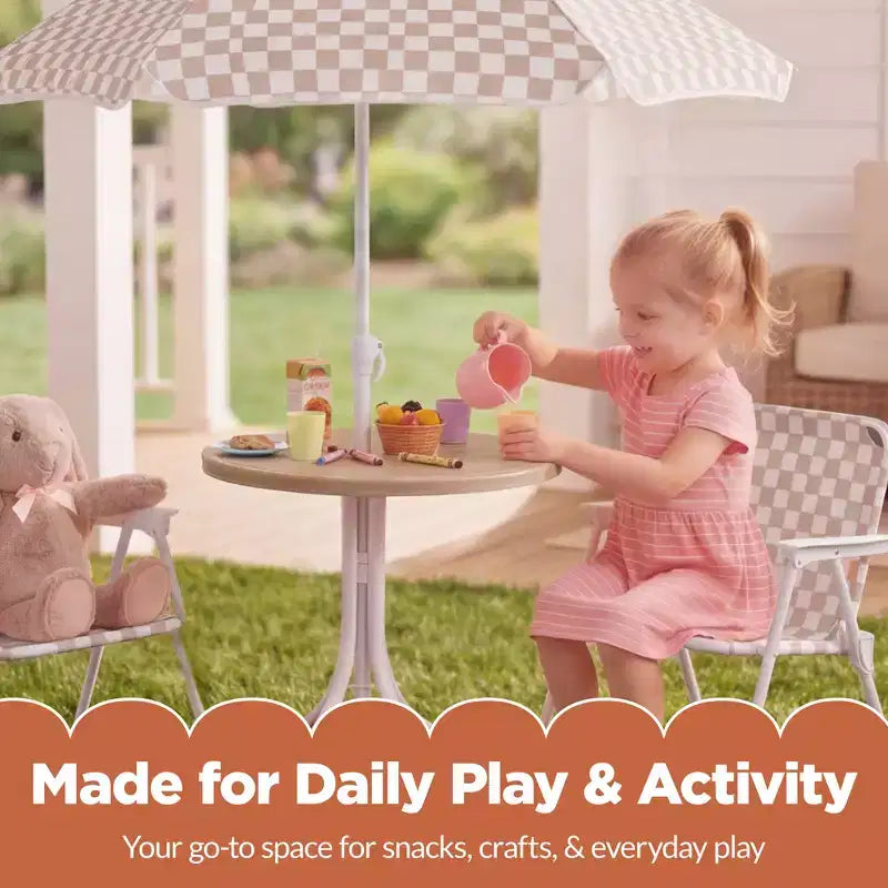 Tavolo Rotondo Pieghevole per Bambini a Quadri Beige e Set 2 Sedie con Ombrellone