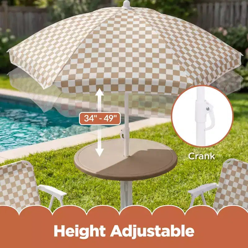 Tavolo Rotondo Pieghevole per Bambini a Quadri Beige e Set 2 Sedie con Ombrellone