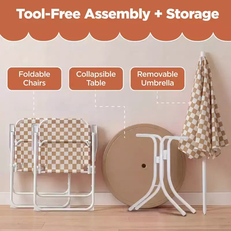 Tavolo Rotondo Pieghevole per Bambini a Quadri Beige e Set 2 Sedie con Ombrellone