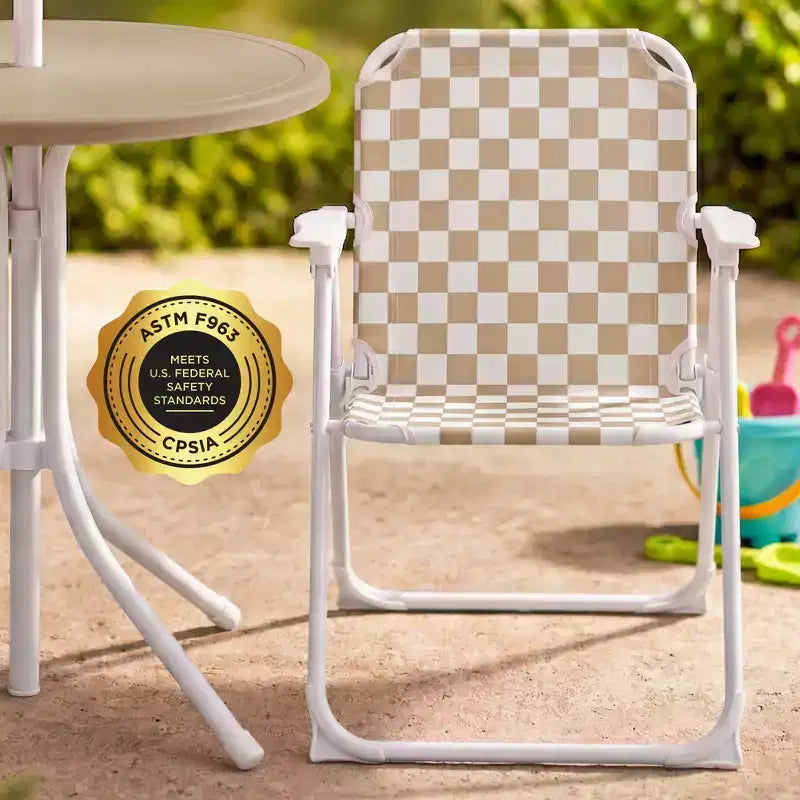 Tavolo Rotondo Pieghevole per Bambini a Quadri Beige e Set 2 Sedie con Ombrellone