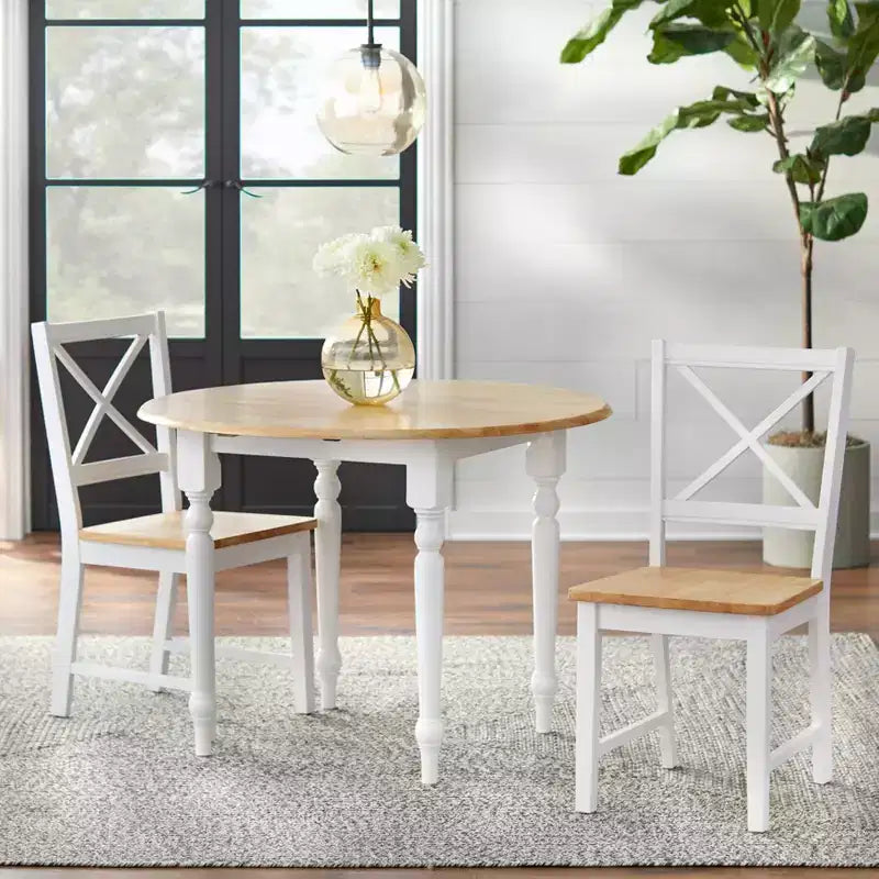 Set da pranzo in 3 pezzi rotondo con ante a ribalta, colore bianco/naturale, per 4 persone