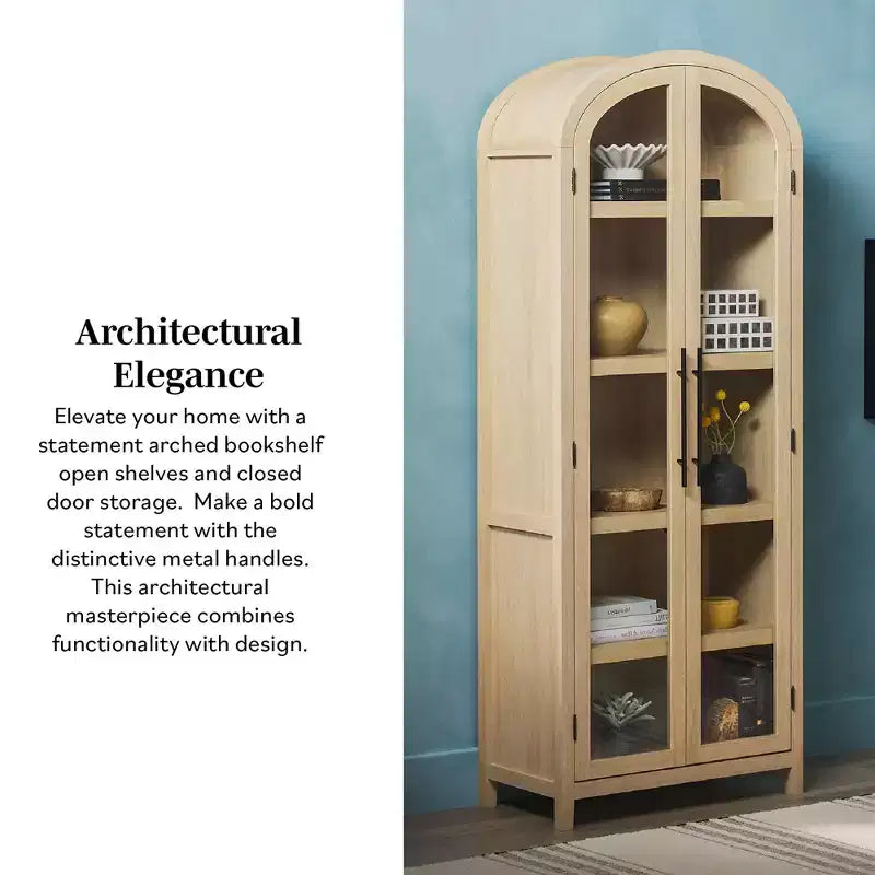 Libreria con armadietto ad arco da 193 cm, 5 ripiani, singolo, nera/quercia costiera