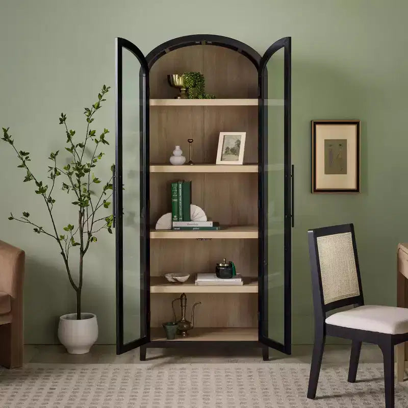 Libreria con armadietto ad arco da 193 cm, 5 ripiani, singolo, nera/quercia costiera