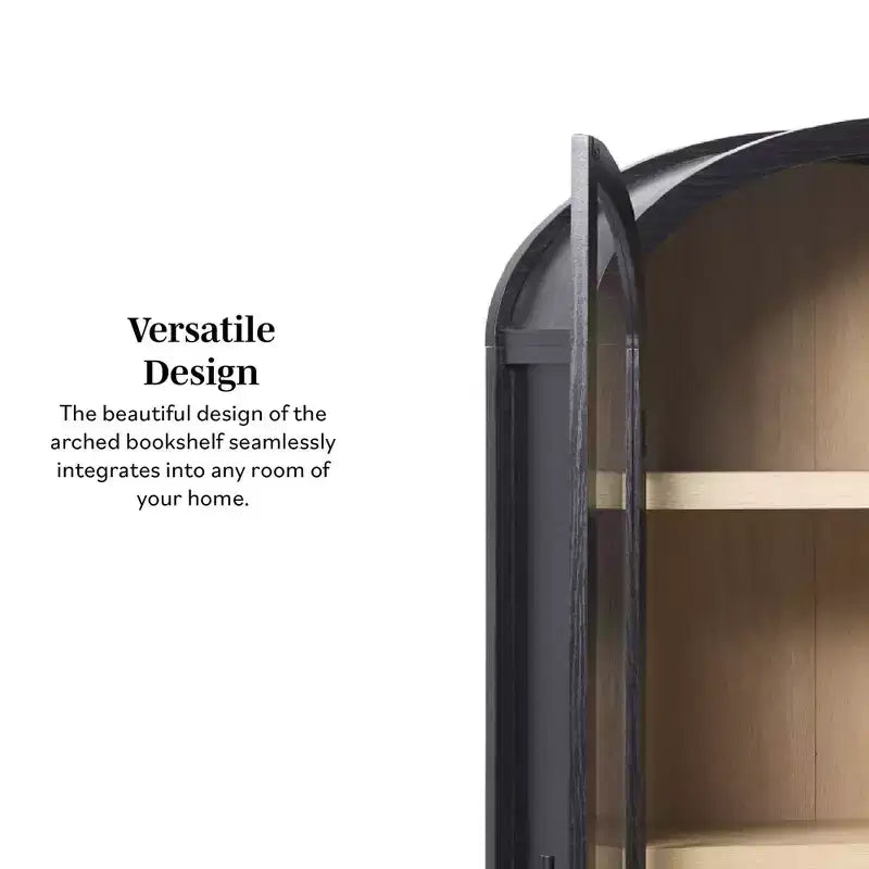 Libreria con armadietto ad arco da 193 cm, 5 ripiani, singolo, nera/quercia costiera