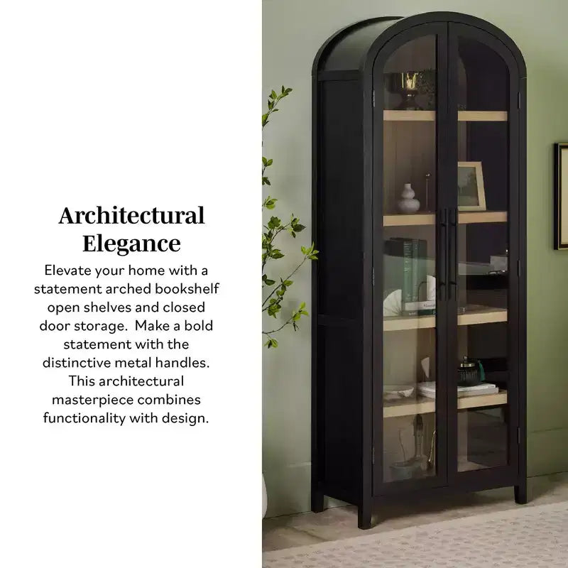Libreria con armadietto ad arco da 193 cm, 5 ripiani, singolo, nera/quercia costiera