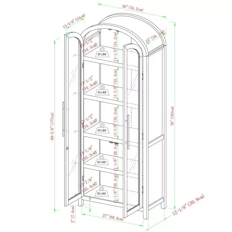 Libreria con armadietto ad arco da 193 cm, 5 ripiani, singolo, nera/quercia costiera