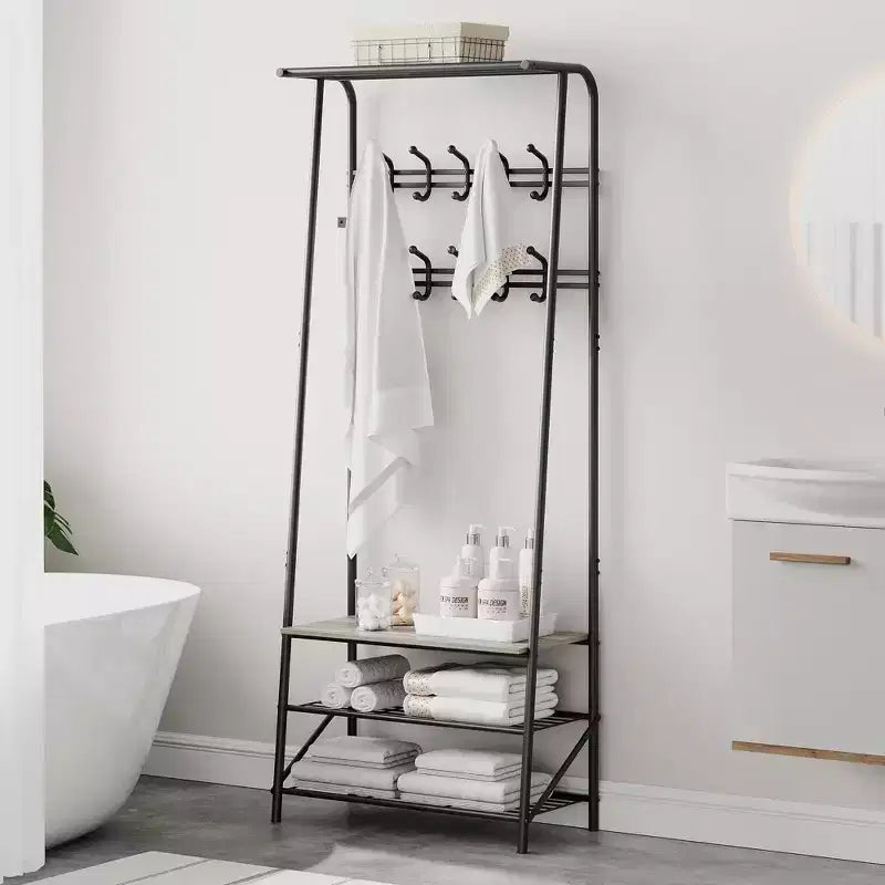 Appendiabiti autoportante grigio/nero con panca portascarpe, 5 ganci, singolo