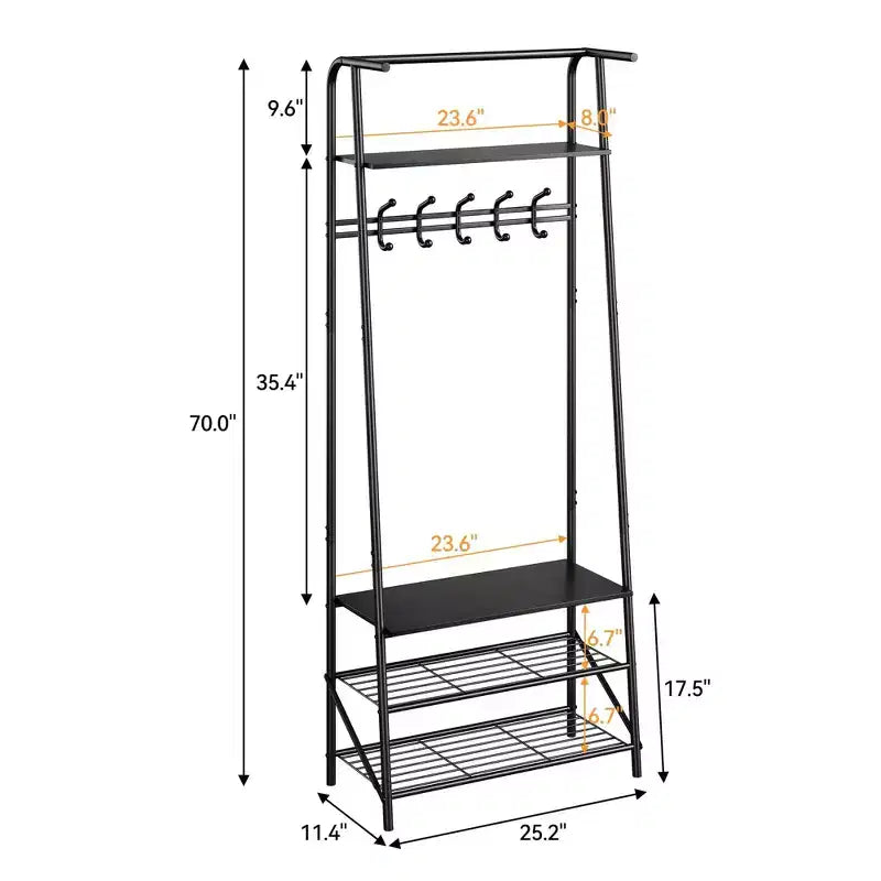 Appendiabiti autoportante grigio/nero con panca portascarpe, 5 ganci, singolo