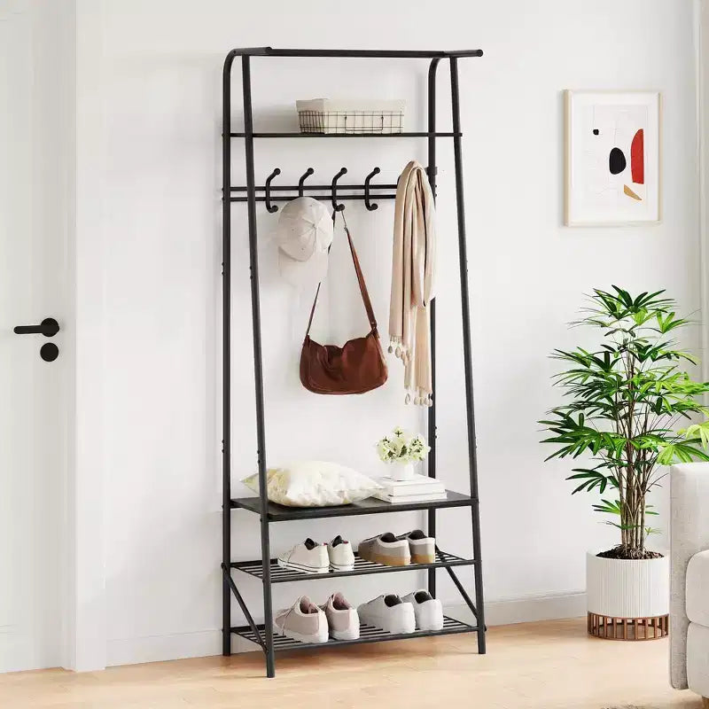 Appendiabiti autoportante grigio/nero con panca portascarpe, 5 ganci, singolo