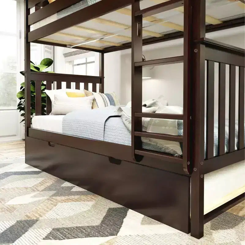 Letto a castello singolo su singolo con letto estraibile, legno massello, 3 posti letto – Blu / Espresso / Naturale / Pecan / Noce / Bianco