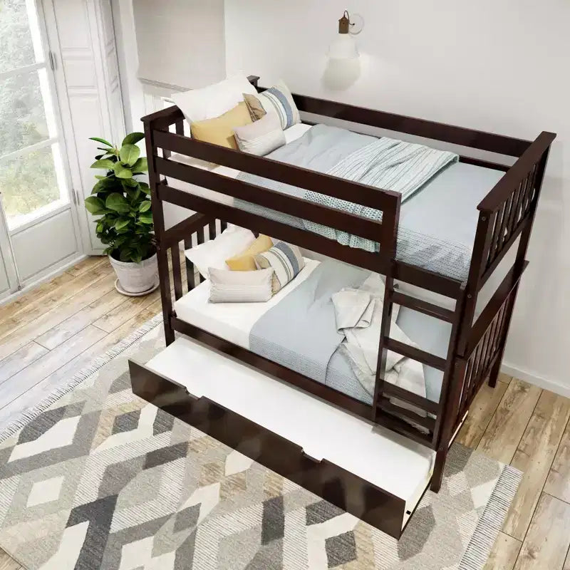 Letto a castello singolo su singolo con letto estraibile, legno massello, 3 posti letto – Blu / Espresso / Naturale / Pecan / Noce / Bianco