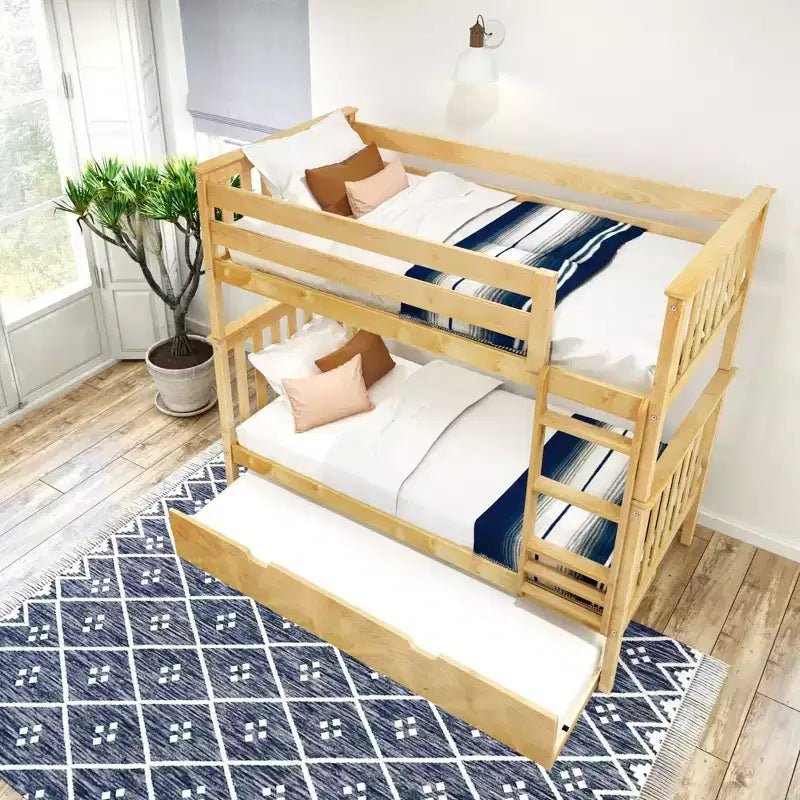 Letto a castello singolo su singolo con letto estraibile, legno massello, 3 posti letto – Blu / Espresso / Naturale / Pecan / Noce / Bianco