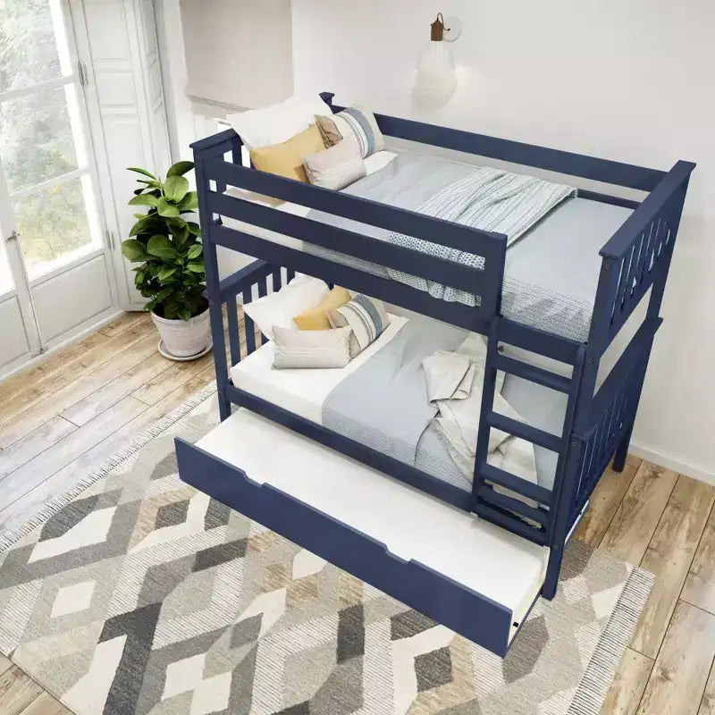 Letto a castello singolo su singolo con letto estraibile, legno massello, 3 posti letto – Blu / Espresso / Naturale / Pecan / Noce / Bianco