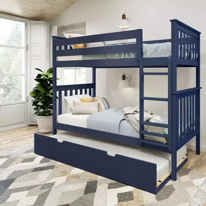 Letto a castello singolo su singolo con letto estraibile, legno massello, 3 posti letto – Blu / Espresso / Naturale / Pecan / Noce / Bianco