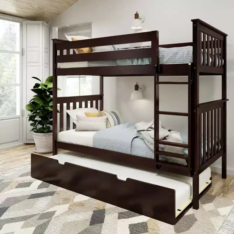 Letto a castello singolo su singolo con letto estraibile, legno massello, 3 posti letto – Blu / Espresso / Naturale / Pecan / Noce / Bianco