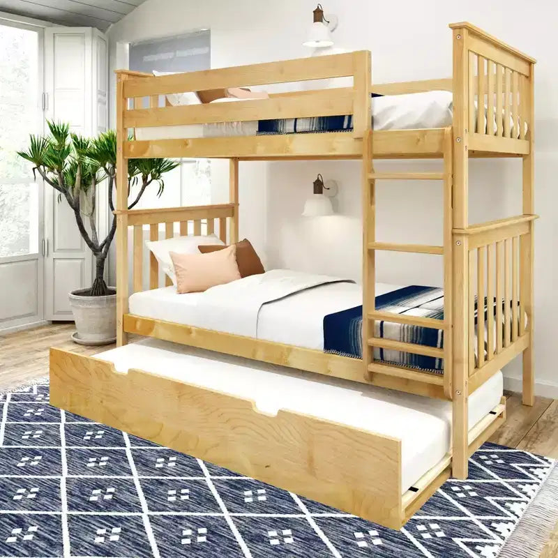 Letto a castello singolo su singolo con letto estraibile, legno massello, 3 posti letto – Blu / Espresso / Naturale / Pecan / Noce / Bianco