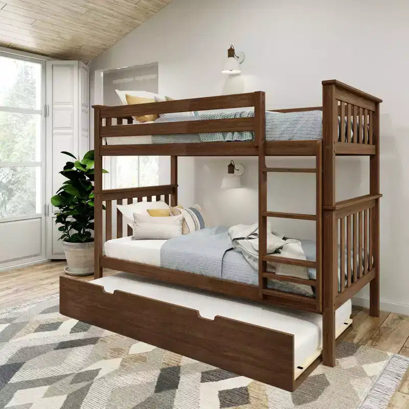 Letto a castello singolo su singolo con letto estraibile, legno massello, 3 posti letto – Blu / Espresso / Naturale / Pecan / Noce / Bianco